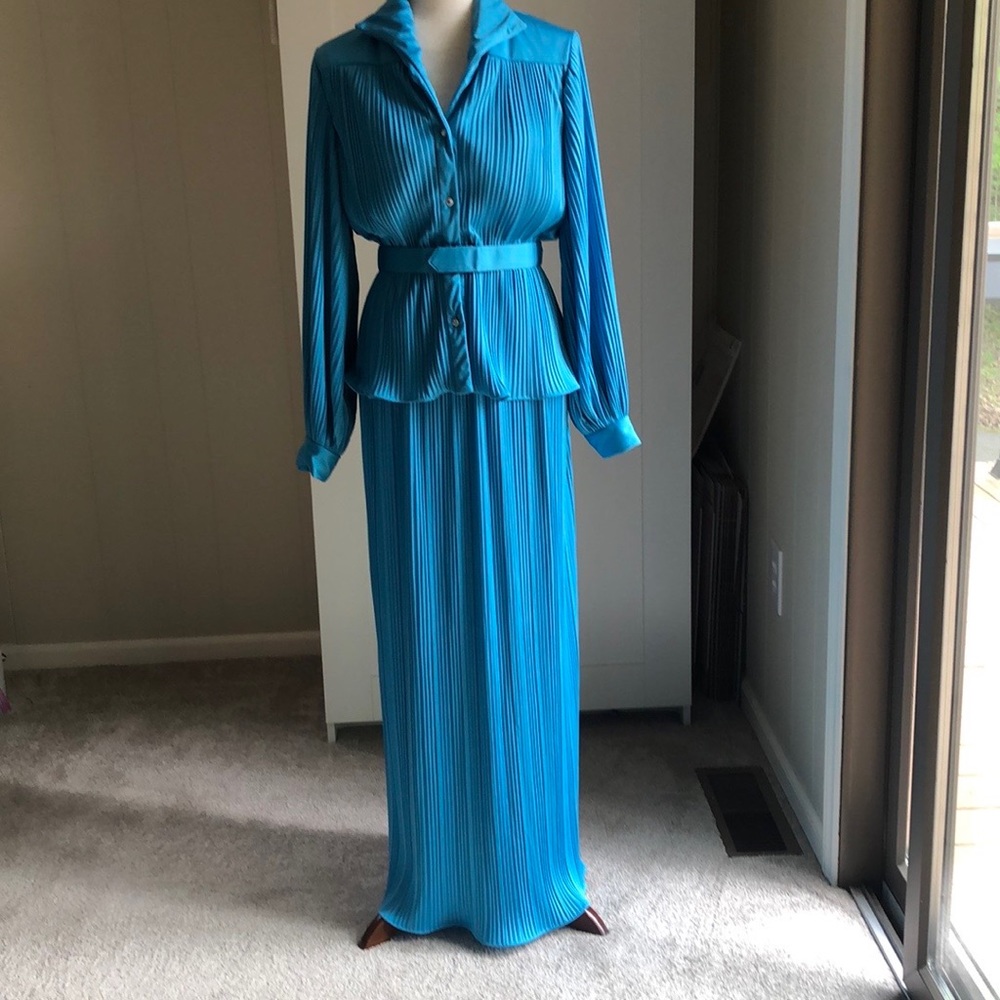 Stunning Vintage Kay Kipps NY Two Piece Evening Outfit Peplum Top Maxi Blue EUC!
